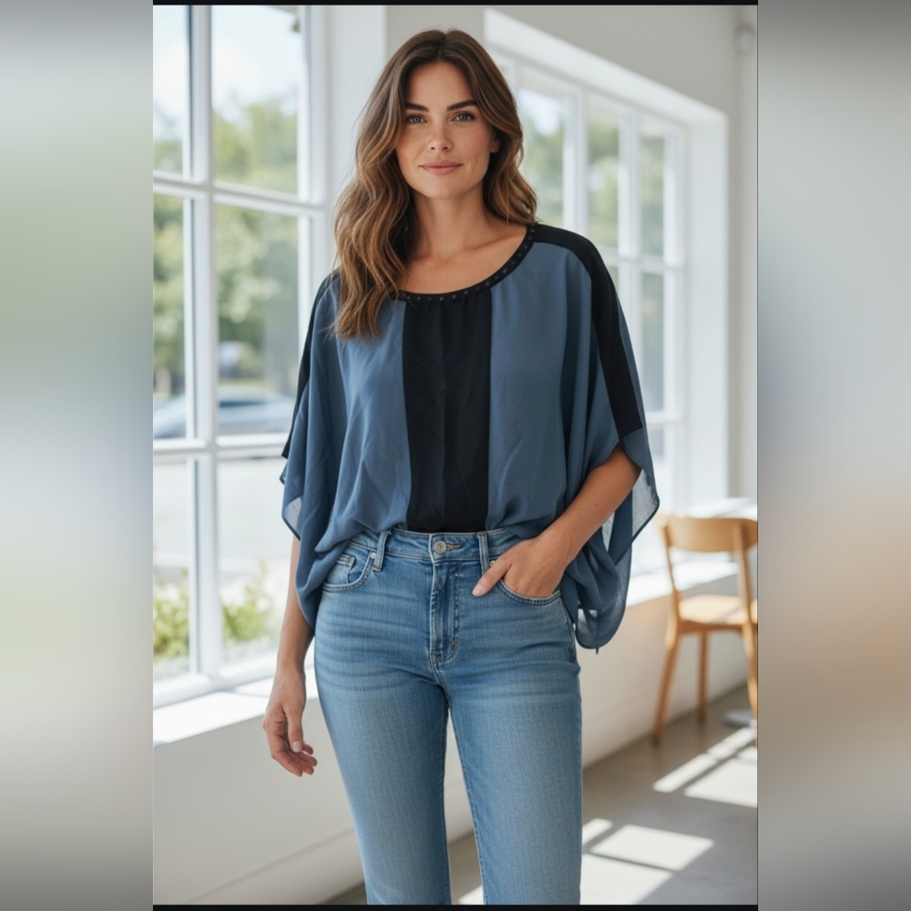 Natural Mullberry SIilk Blue and Black Top For Summer Day